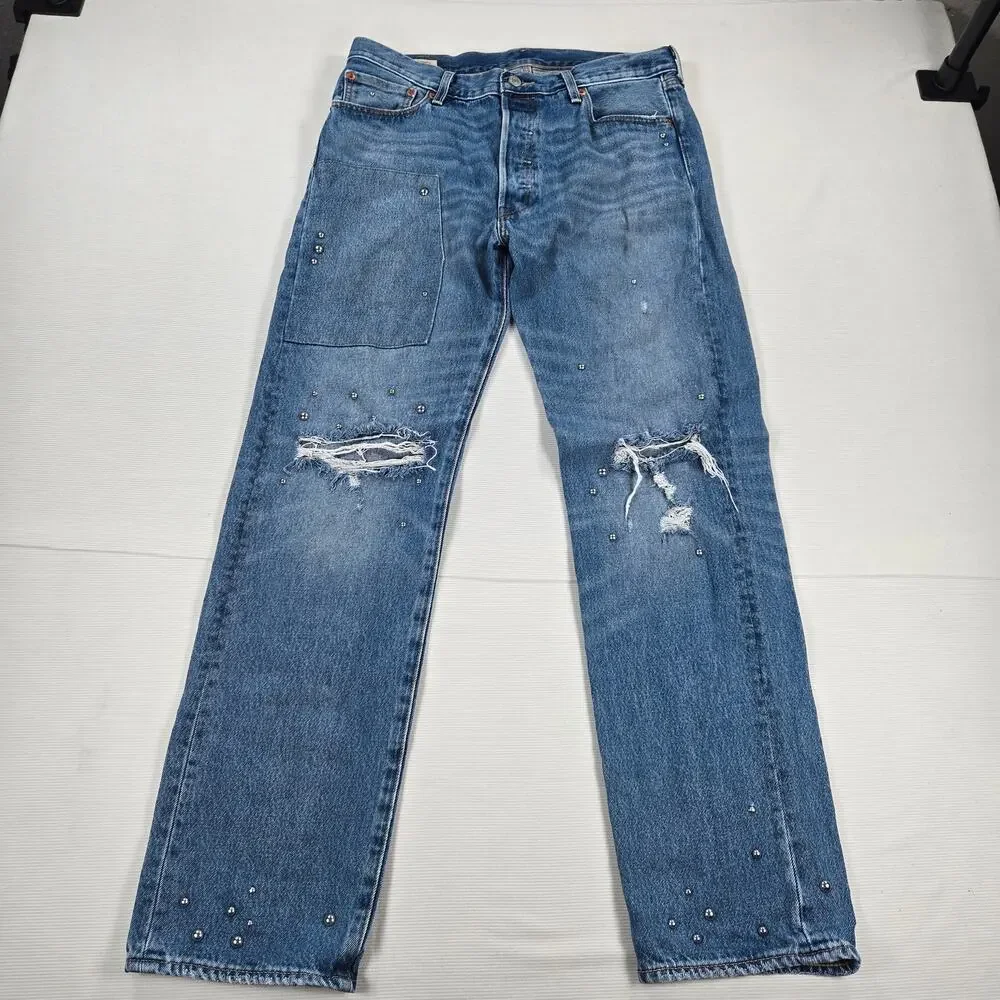 Levi's 501‎ Premium Studded Original Fit Distressed Denim Jeans Size 34
